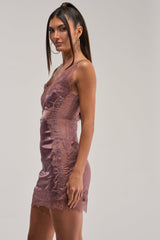 ESSENTIAL LACE TRIM SATIN SLEEVELESS MINI DRESS IN MAUVE