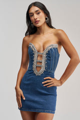 FEELIN THE LOVE RHINESTONE DENIM MINI DRESS