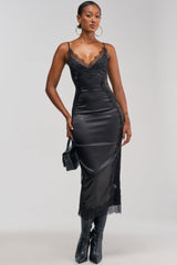 ESSENTIAL LACE TRIM SATIN MIDI DRESS IN BLACK