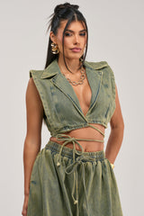 GUESS WHO V-NECK COLLARED BLOUSE IN DENIM