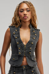 AHEAD OF THE CURVE MILITARY DENIM TOP
