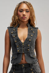 AHEAD OF THE CURVE MILITARY DENIM TOP