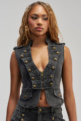 AHEAD OF THE CURVE MILITARY DENIM TOP