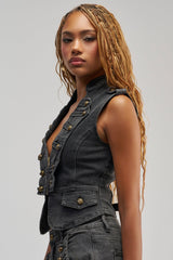 AHEAD OF THE CURVE MILITARY DENIM TOP
