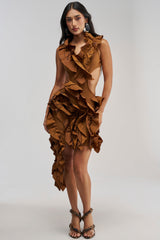 CRAZIER THAN YOUR EX FLOCKED MINI DRESS IN BROWN