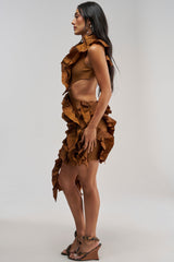CRAZIER THAN YOUR EX FLOCKED MINI DRESS IN BROWN