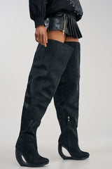 AZALEA WANG ASA BLACK SNAKE OPEN WEDGE THIGH HIGH BOOT