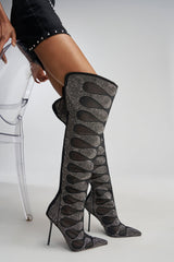AKIRA GOLD AVENRA BLACK RHINESTONE THIGH HIGH STILETTO BOOT