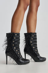 AZALEA WANG BANSHEE BLACK MILITARY AND FEATHER STILETTO BOOTIE