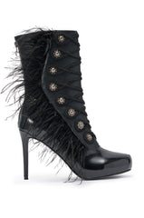 AZALEA WANG BANSHEE BLACK MILITARY AND FEATHER STILETTO BOOTIE