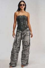 PERK UP STUDDED CORSET IN DENIM