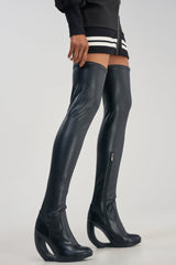 AZALEA WANG CARSON BLACK 4 WAY STRETCH PU OVER THE KNEE OPEN WEDGE BOOT