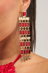 BAGUETTE CHANDELIER EARRINGS IN RED
