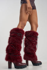 AZALEA WANG CYRENE BURGUNDY FUR BLOCK HEEL BOOT