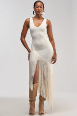 SHAKE IT FRINGE MIDI DRESS IN WHITE