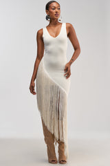 SHAKE IT FRINGE MIDI DRESS IN WHITE
