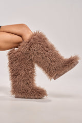 AZALEA WANG DENTON TAUPE KNEE HIGH FLAT FUR BOOT