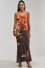 THE MAIN EVENT FLORAL SATIN MAXI DRESS IN ORANGE