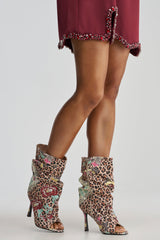 AKIRA GOLD ENJOY LEOPARD MULTI OPEN TOE RUCHED BOOTIE