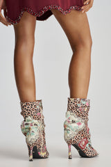 AKIRA GOLD ENJOY LEOPARD MULTI OPEN TOE RUCHED BOOTIE