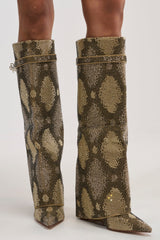 AZALEA WANG EVO KHAKI SNAKE SPARKLE WEDGE BOOT