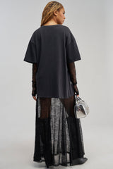 GIRLY BUT NOT LAYERED LACE MIDI DRESS IN BLACK MULTI