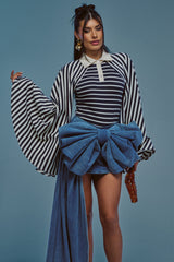 ALMA STRIPE COLLARED BODYSUIT IN NAVY