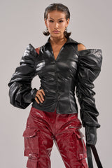 CRAZY IN LOVE BLACK FAUX LEATHER BUTTON DOWN BLOUSE