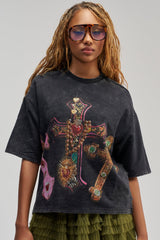 CROSS MY HEART RHINESTONE DISTRESSED TEE