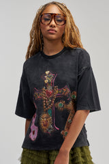 CROSS MY HEART RHINESTONE DISTRESSED TEE
