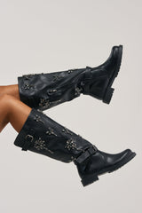 AZALEA WANG HANOVER BLACK EMBELLISHED FLAT BOOT