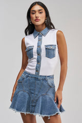 JULIETTE KNIT DENIM SLEEVELESS MINI DRESS