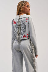 PLAYING CARDS CROP SWEATSHIRT IN HEATHER GREY