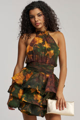 SPIN ME AROUND CHIFFON MINI DRESS IN GREEN FLORALS