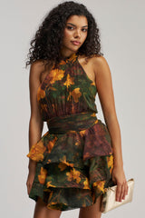 SPIN ME AROUND CHIFFON MINI DRESS IN GREEN FLORALS