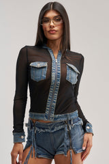 DENIM TRIM MESH ZIP UP TOP
