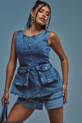 TURN AROUND BLOUSE IN MEDIUM BLUE DENIM