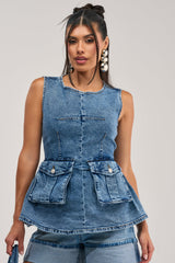 TURN AROUND BLOUSE IN MEDIUM BLUE DENIM