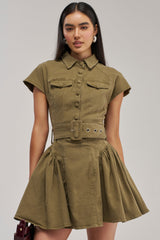 SADIE BUTTON UP MINI DRESS IN OLIVE DENIM