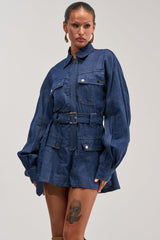 CITYSCAPE BELTED DENIM ROMPER
