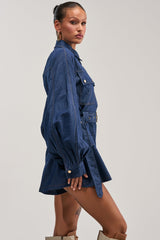 CITYSCAPE BELTED DENIM ROMPER