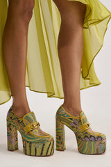 AZALEA WANG JUSTLY GREEN MULTI PLATFORM BROCADE BLOCK HEEL PUMP