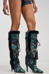 AZALEA WANG LISBETH BLACK MULTI BROCADE AND FUR STILETTO BOOT