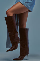 AZALEA WANG MADEYE BROWN CROC KNEE HIGH STILETTO BOOT