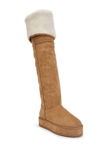 AZALEA WANG MARLOW CHESTNUT FAUX SUEDE SHERLING OVER THE KNEE PLATFORM BOOT