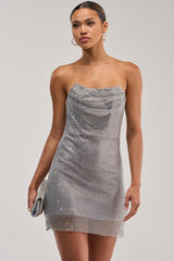 ELECTRIC AURA RHINESTONE STRAPLESS MINI DRESS IN SILVER