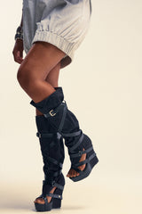 AZALEA WANG ROTHKID BLACK DENIM KNEE HIGH OPEN TOE BOOT