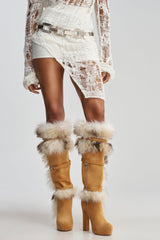 AZALEA WANG RYLAN CAMEL FAUX SUEDE AND FUR BLOCK BOOT