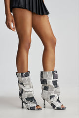 AKIRA SCREENKISS NEWSPAPER PRINT STILETTO BOOTIE