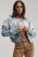 INVITE ONLY DENIM VARSITY BOMBER